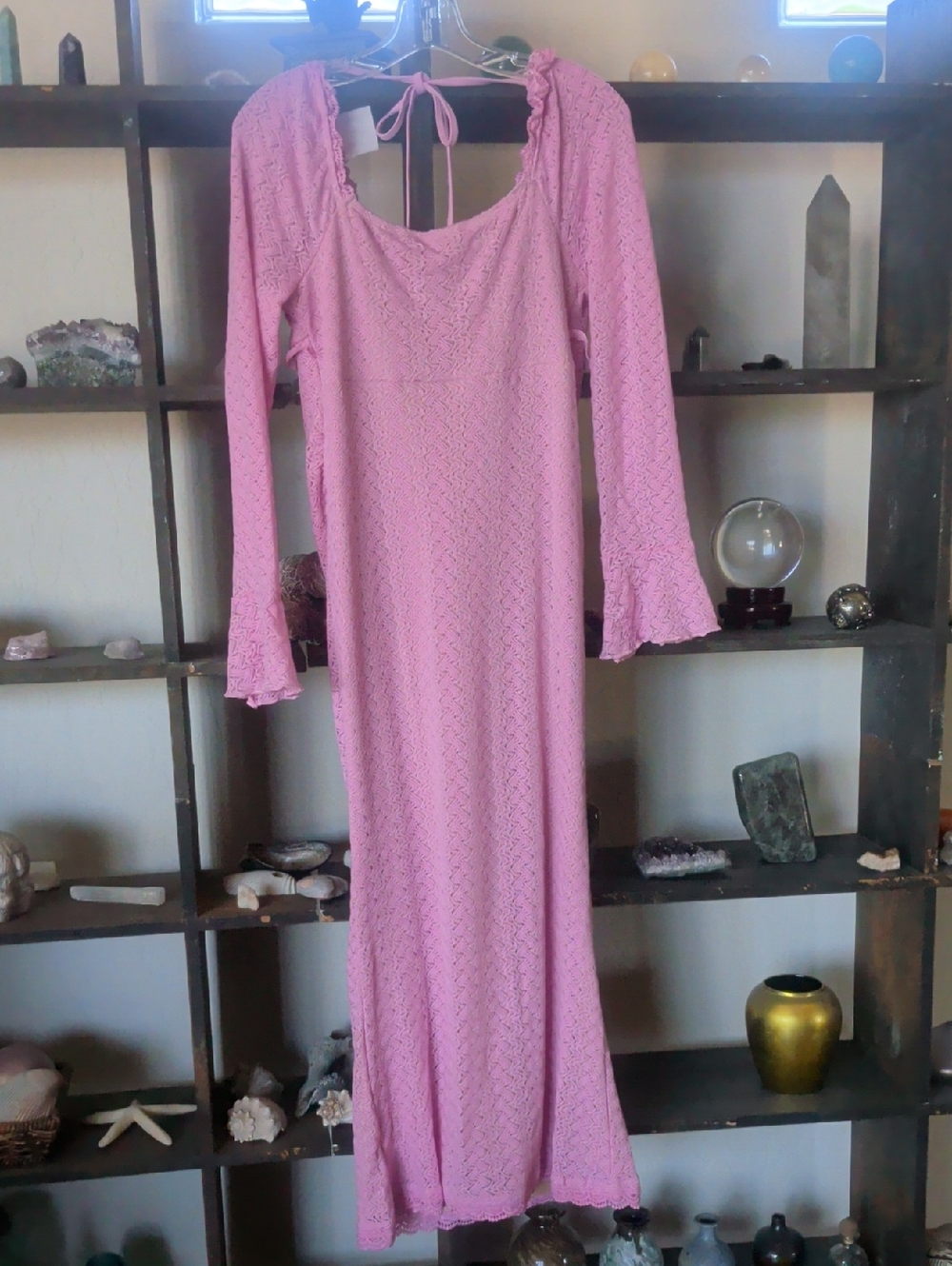 Women's Pink Mermaid Dress With Bell Sleeves Long Sleeve Maxi Dress - Tie Back